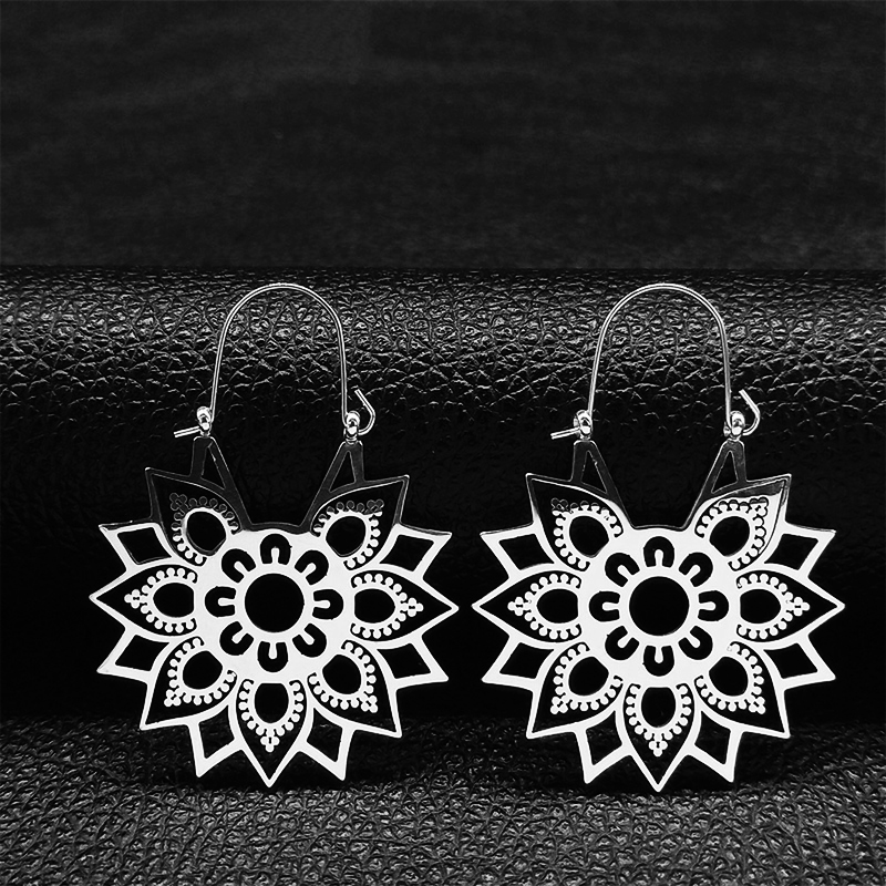 Pendientes de flor de loto de Yoga a la , pendientes de aro de acero inoxidable de Color dorado para mujer, joyería boucles d'oreilles E9360S01: Color dorado
