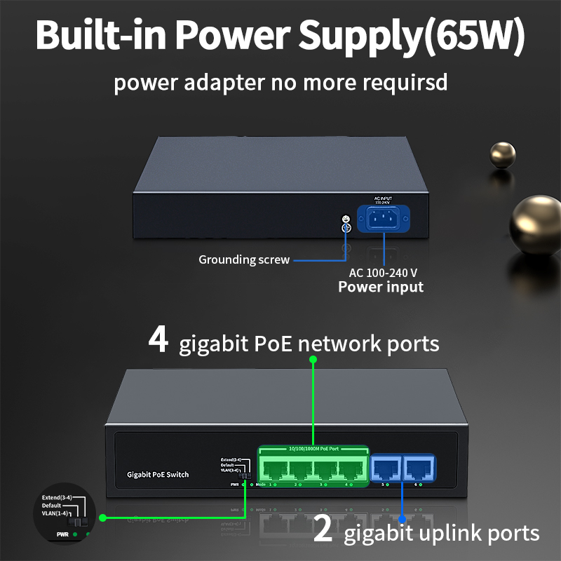 HORACO Switch POE Gigabit a 6 porte 1000Mbps Switcher di rete standard intelligente Hub Splitter Internet per telecamera IP, NVR, sorveglianza