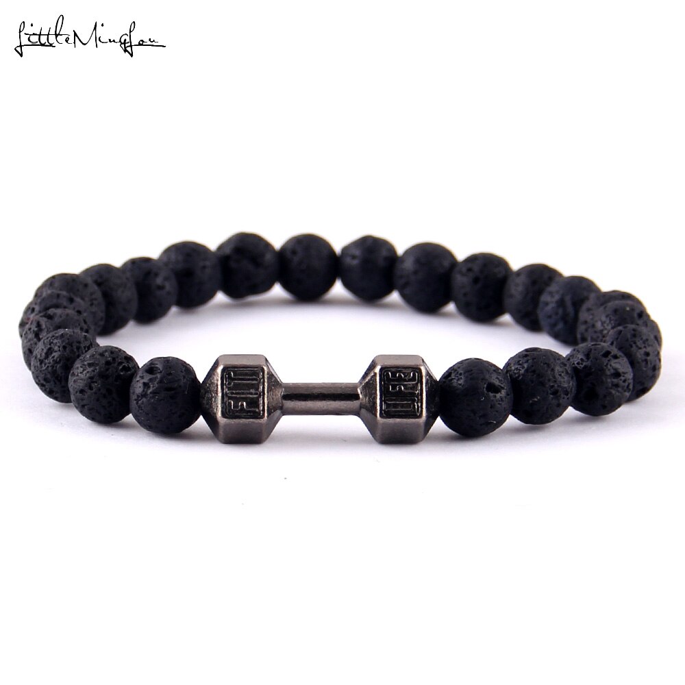 Little Minglittle Fit Life Dumbbell charm fitness bracelet Black Matte stone bead men Bracelets & bangles for women jewelry: 4238i