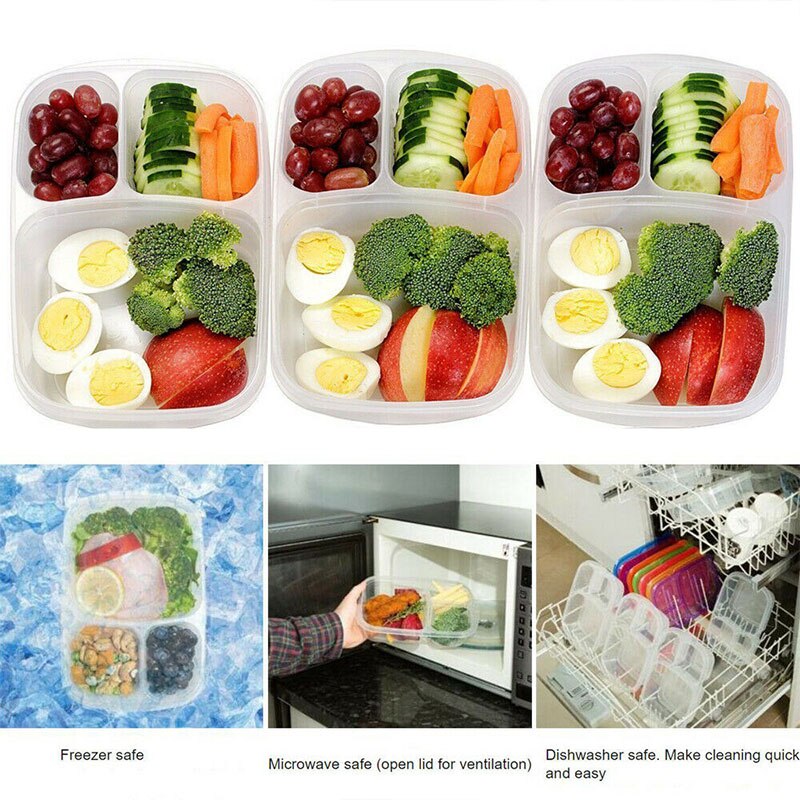 Plastic Food Fruit Picnic Storage Boxes 3-Compartment Lunch Box Set of 1-6 Meal Prep Containers Food Storage With Lids