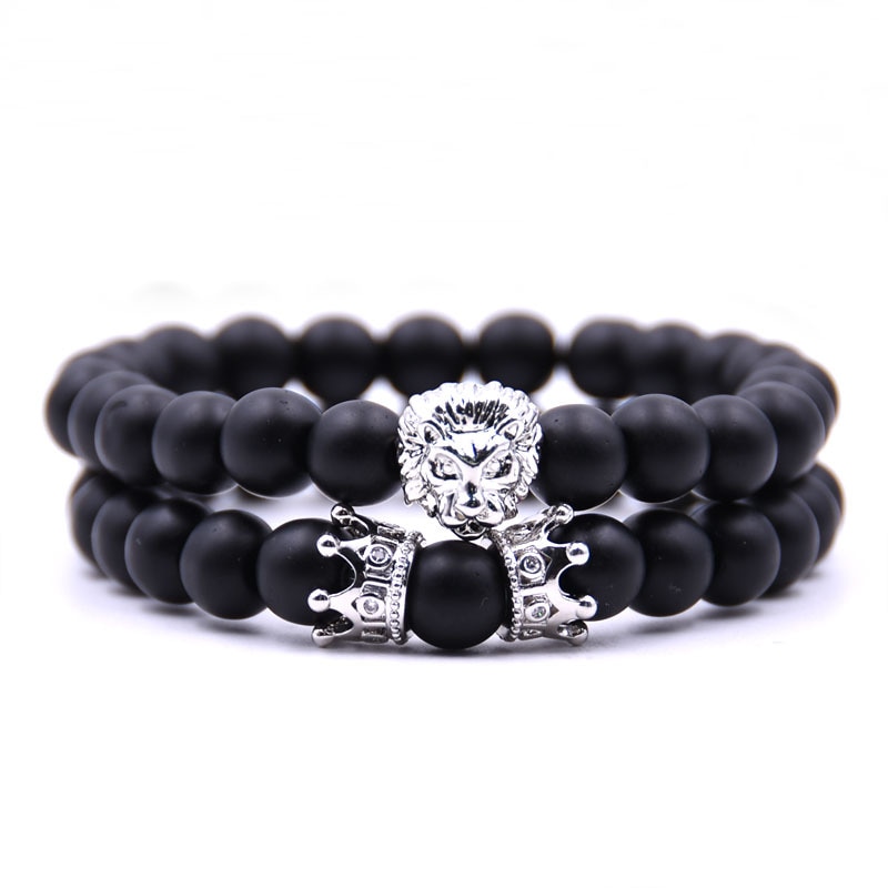 Bracelet homme tête de Lion avec couronne Bracelets 8mm pierre naturelle perles bracelet pavé CZ couronnes hommes femmes bijoux pulseira
