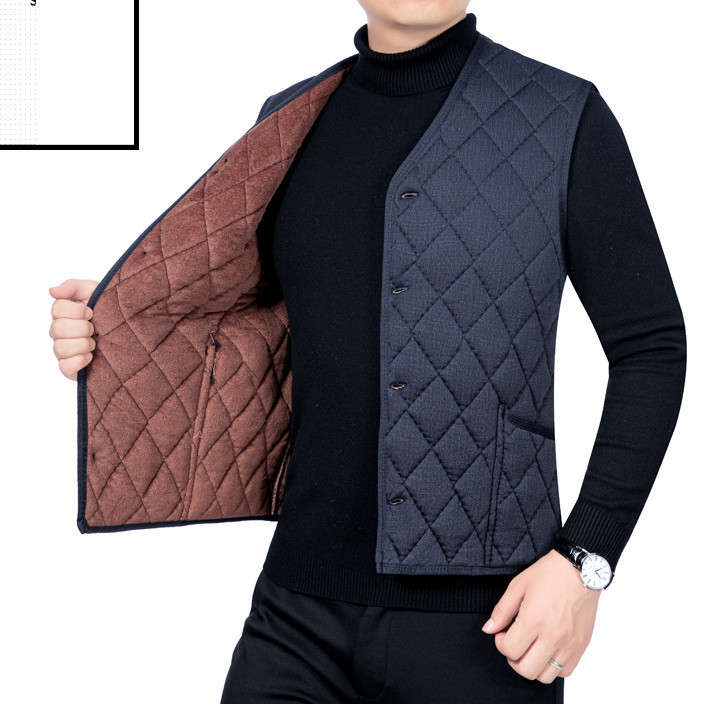 Otoño Invierno hombres espesar lana abrigos de algodón cálidos chalecos ropa de calle Casual ropa masculina chaquetas a cuadros sin mangas delgadas: XXXL / Azul marino