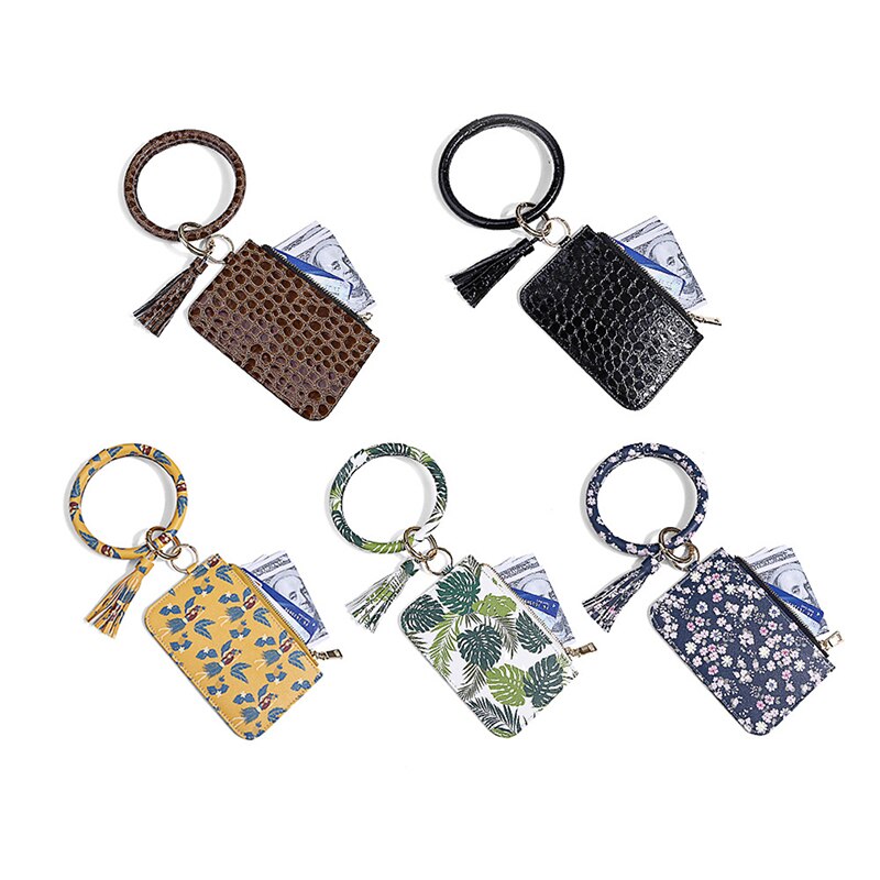 Trend Armband Sleutelhanger Pu Leer Leuke Tassel Purse Wallet Card Bag Key Ring Pols Hanger