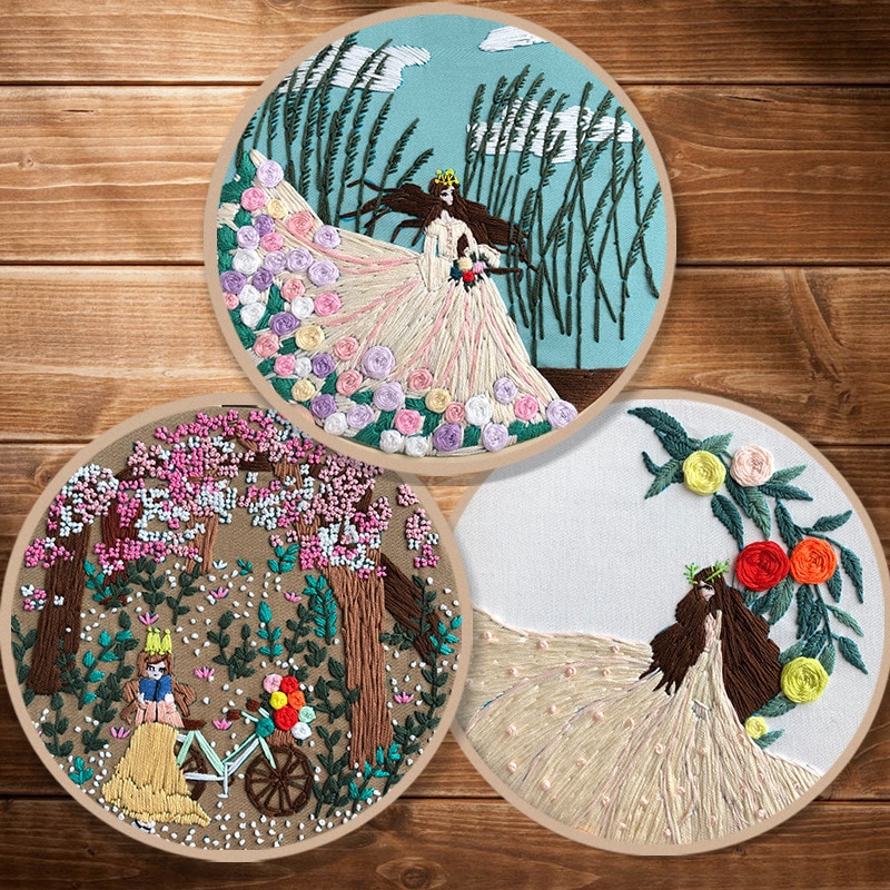 DIY Ribbon Embroidery Set for Beginner Needlework Kits Romantic cycling girl Cross Stitch Series Needle Arts Crafts Sewing Decor