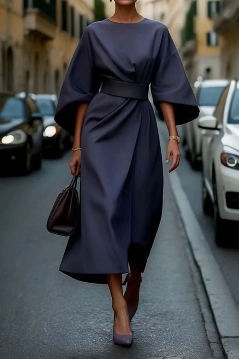 Oansatz Sieben-viertel Hülse Taille Jahrgang Kleid Für Frauen Elegante Einfarbig Temperament Fledermaus Hülse lässig Kleid weibliche
