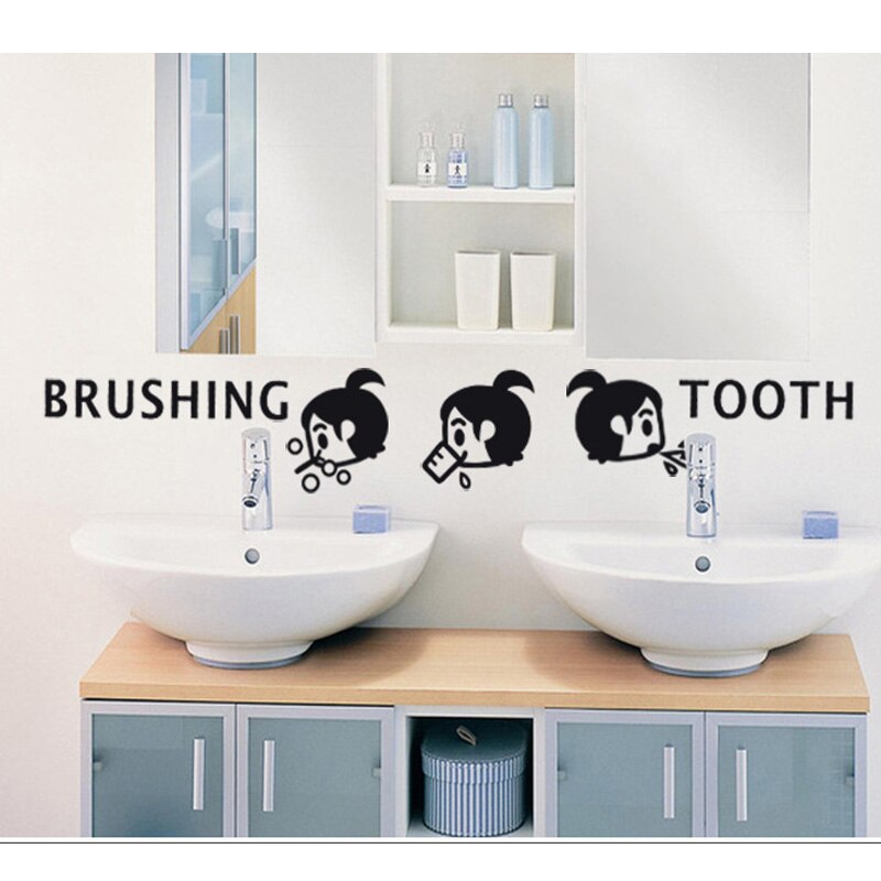 Cartoon Little girl brushing tooth Wall Sticker Home bathroom Washbasin decoration Mural Art Decals cute kids stickers wallpaper