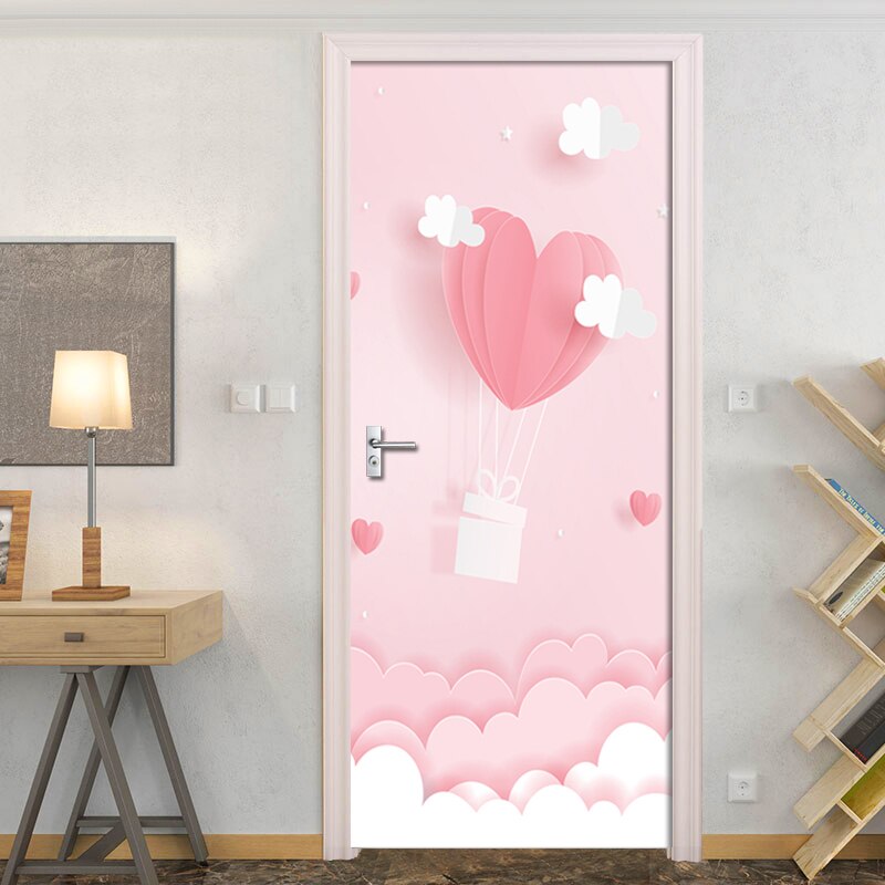 Pink Cartoon Door Sticker of 3D Waterproof Wallpaper On Door Home Decor Self Sticker Wallpaper For Living Room Renovation Decal