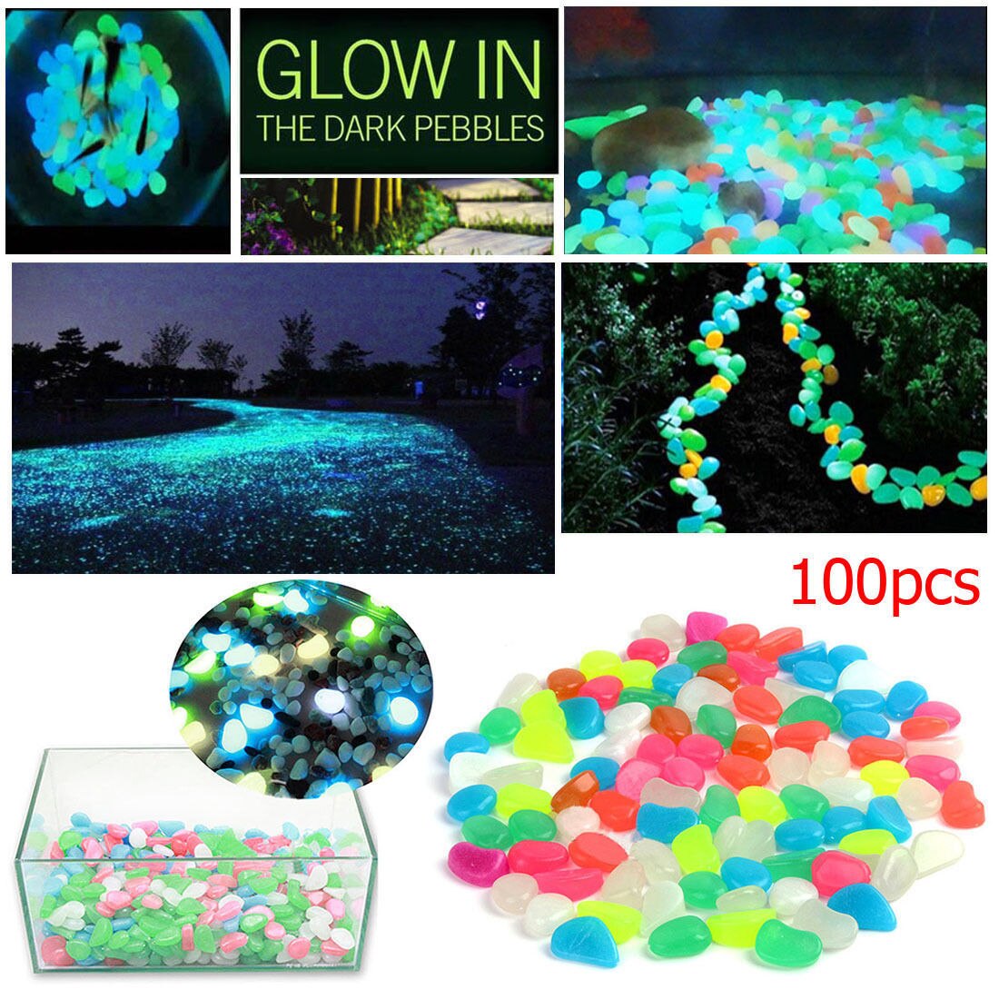 100 stuks lichtgevende tuinkiezels voor paden, aquarium, tuin, terras, tuindecoratie, lichtgevende stenen, lichtgevende kiezels