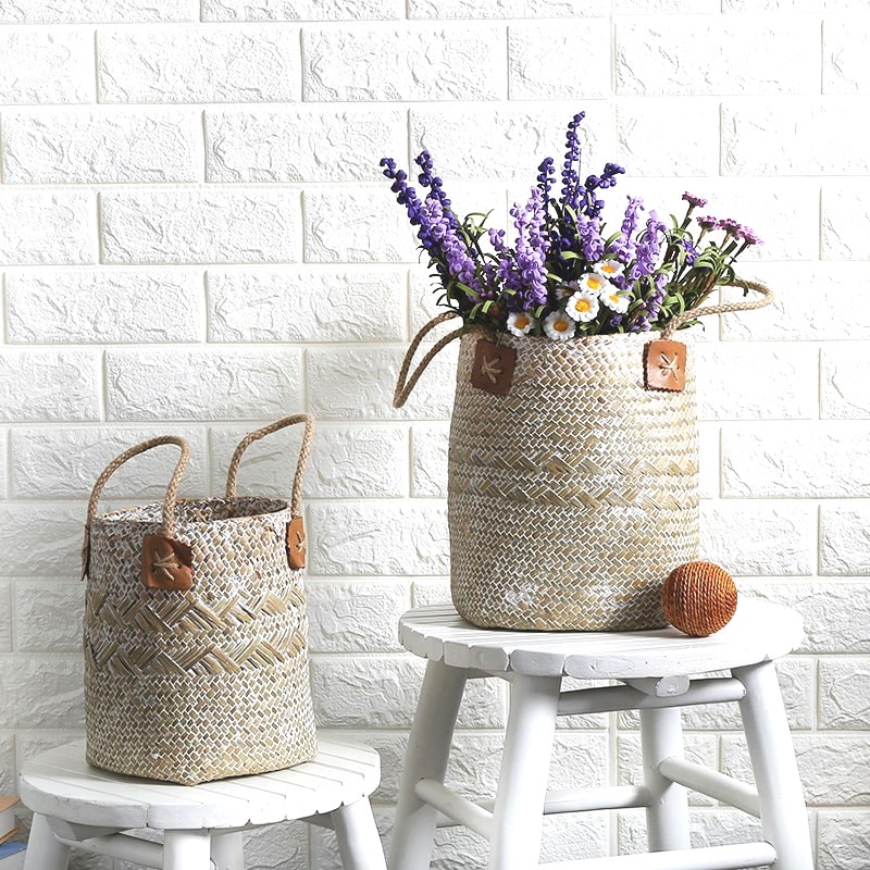 2Pcs Vintage Wipe White Straw Flower Basket Pot Natural Seagrass Woven Storage Basket Garden Flower Vase Hanging Wicker Baskets