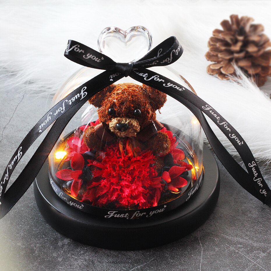 Getrocknete Blumen Ornamente Erhalten Rosen Bears in Glas Abdeckung mit Lichter Hochzeit Weihnachten Neue Jahr Wohnkultur für Mädchen: B33