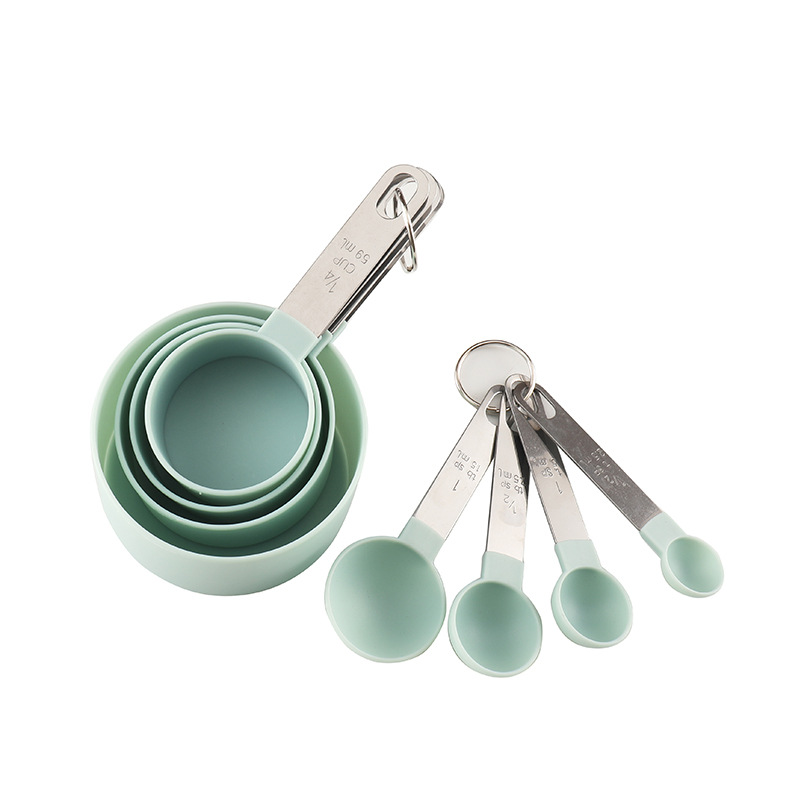 Juego de cucharas y tazas medidoras para hornear pasteles, utensilios de cocina con mango de acero inoxidable, accesorios de herramientas de cocina, 8 Uds.: Azul cielo
