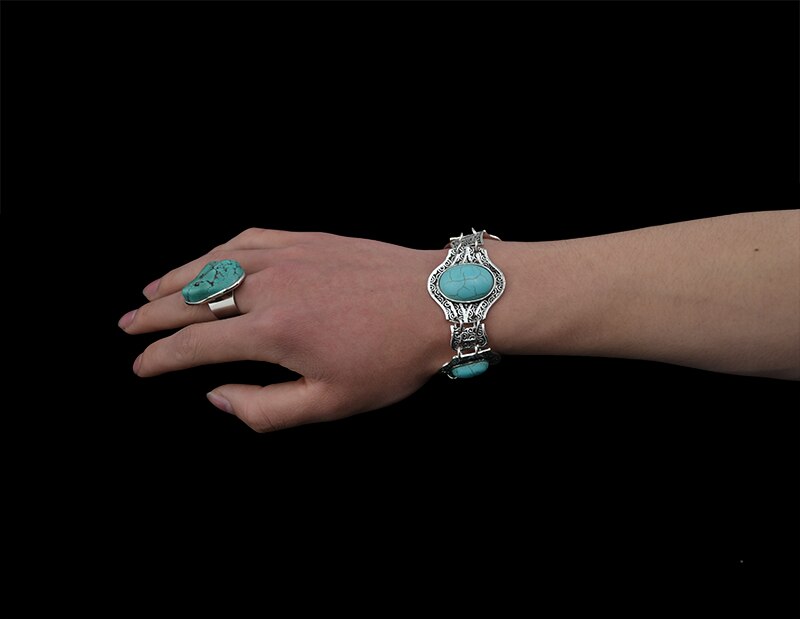 Tibetan Metal silvecolor Turquoises Bracelets Bangles Women Men Jewelry Bohemian Snake Chain Green Stone Flower Big Bracelet Arm