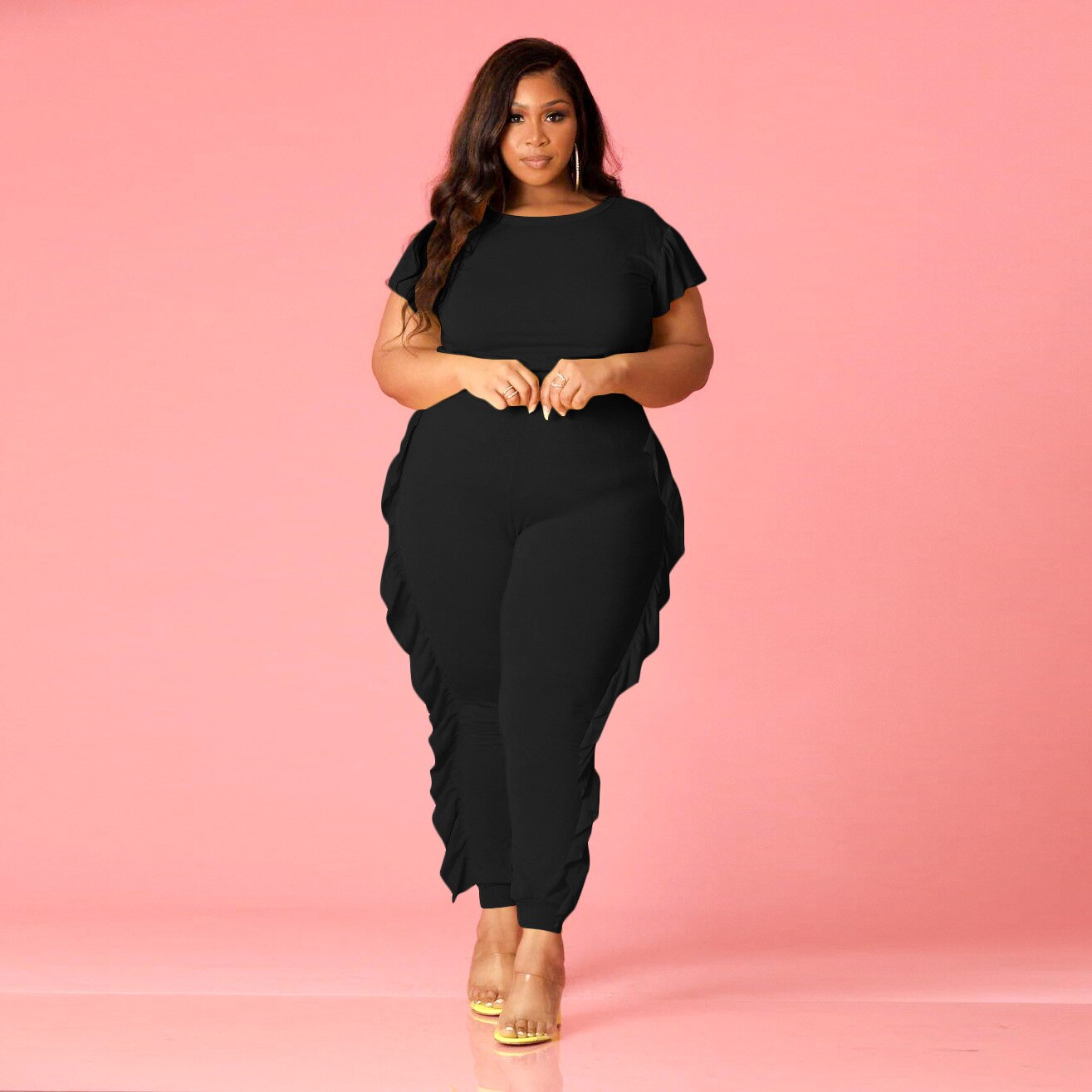 4XL Plus Size Casual Women Set Short Sleeve T Shirt Top And Ruched Splice Pant Suit Solid Streetwear 2 Piece Set Outfits