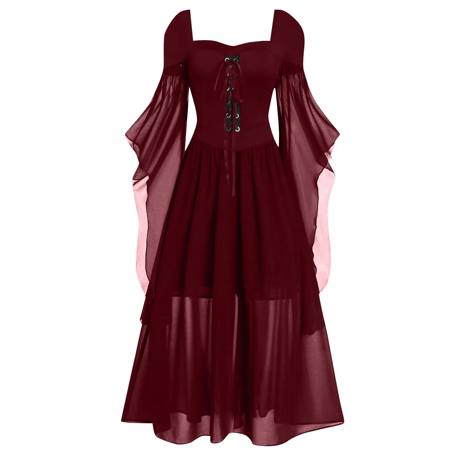 2024 Medieval Witch Dress For Women Halloween Carnival Women Plus Size Cold Shoulder Butterfly Sleeve Halloween Gothic Dress: XL / Red