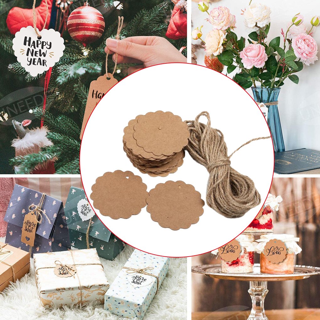 100Pcs Blank Kraft Paper Tag Hanging Hole Label Diy Craft Paper with Hairy Twine