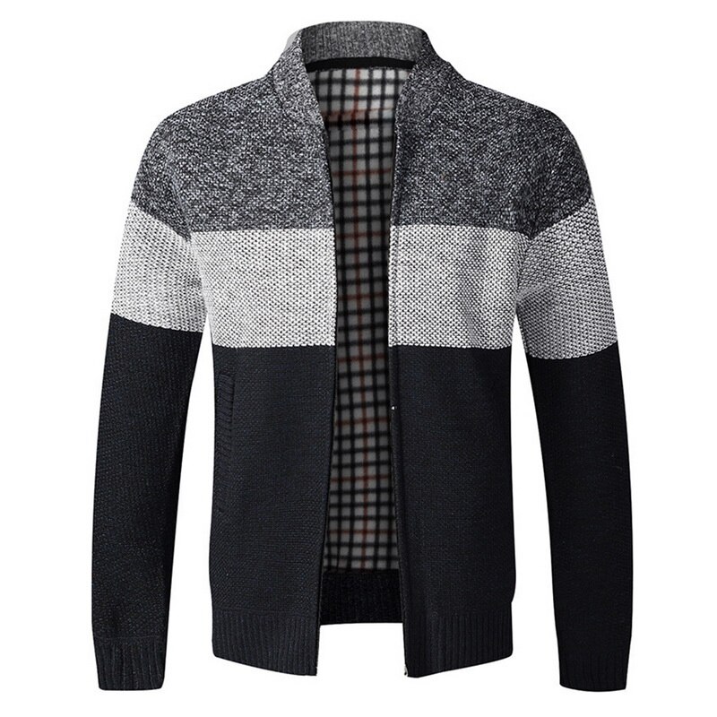 Men Patchwork Wool Cardigan Autumn Winter Sweater Jumper Men Winter Striped Pocket Knitted Outwear Coat Men Sweatercoats: navy blue / Asian Size M