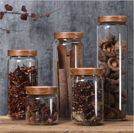 Förseglad masonburk transparent glasburk matflaska med lock spannmål förvaringsburkar socker te kaffebönor burk trä lock