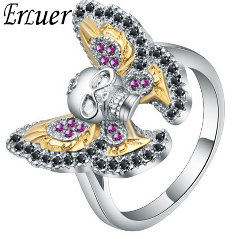 ERLUER Gothic Schedel Punk Stijl Ringen Verzilverd Butterfly Crystal Zirkoon Voor Vrouwen Meisjes Mode-sieraden Hip-Hop Ring