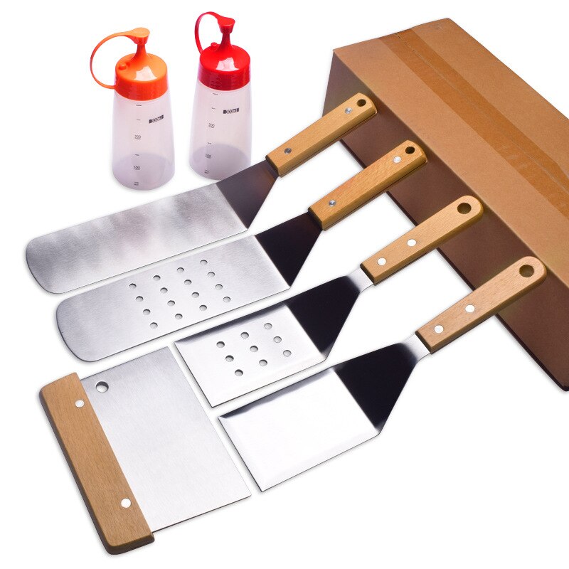 American Teppanyaki Set Beech Wood Handle Barbecue Tool Portable Outdoor Barbecue Shovel BBQ Shovel Cooking Frying Shovel: 7piece wooden handle