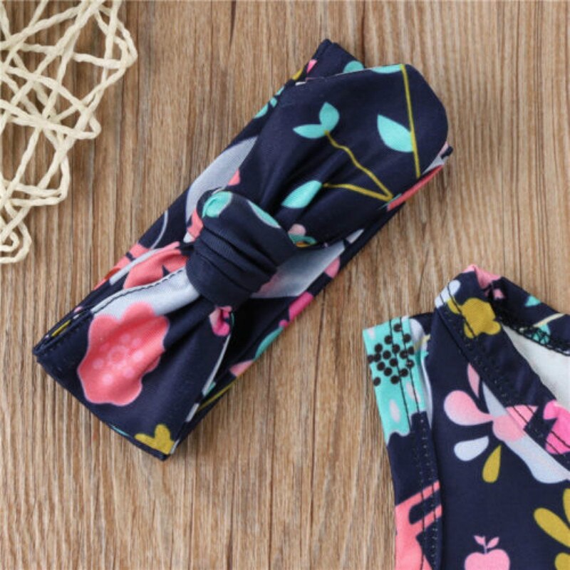 Toddler Baby Boys Girls Bodysuit Summer Floral Sleeveless Bodysuit + Headband 2pcs Jumpsuit Outfits Clothes Size 0-24Months