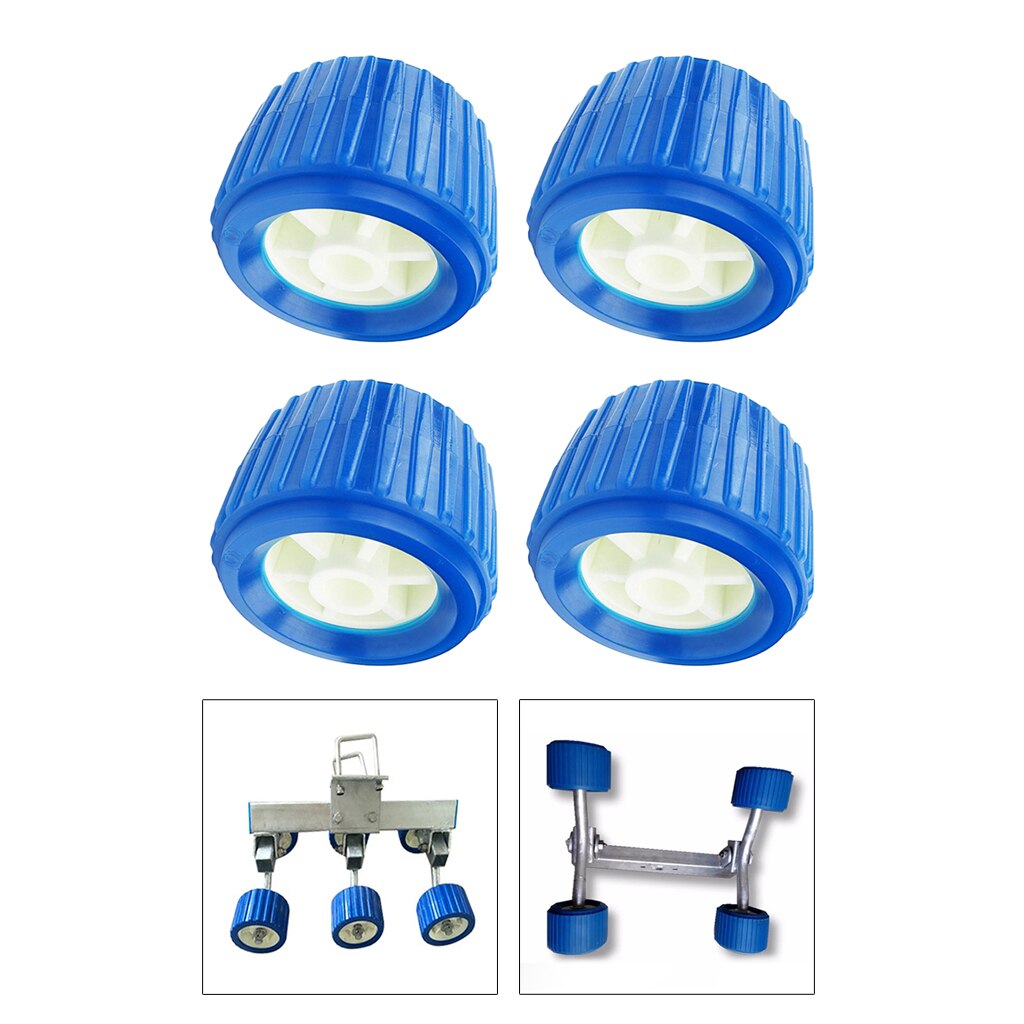 4 Set Boat Trailer Blue Rubber Ribbed Wobble Roller 4.33 inch Diameter, 3 inch Wide