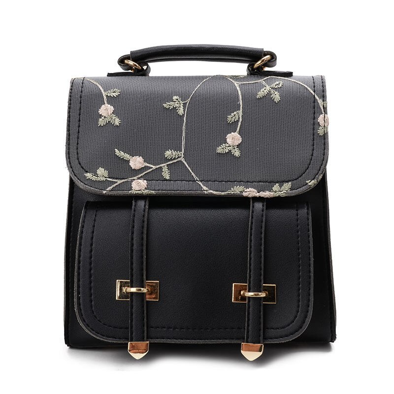 Women Backpack School Teenage Girls Small Shoulder Bag Leather Backpack Floral Embroidery Rucksack: black