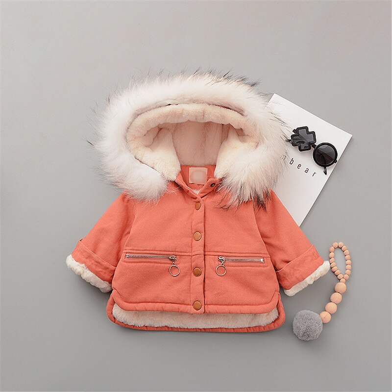Dikke Warme Baby Boy Jassen Bont Kap Kinderen Parka Jeans Meisjes Winter Jas Kleding Denim Baby Kind Bovenkleding Snowsuit: Oranje / 18m