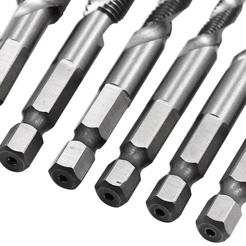 6pcs/set HSS4341 Machine Screw Right Hand Thread Plug Tap Screw Taps Set Kit Screw Twist Drill Bit Set Hex Shank 6.35mm Tap Dril