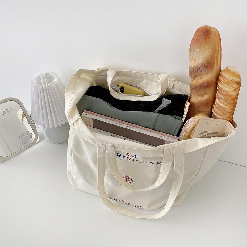 Bolsa de ombro de lona feminina extra grande, bolsa de merceiro reutilizável, de pano eco-amigável, sacola de mão para senhoras