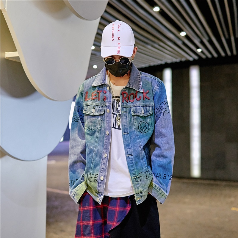 ABOORUN Men's Hip Hop Denim Jacket Graffiti Printed Denim Jacket Spring Autumn Streetwear Coat for Male x2177