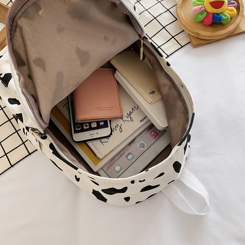 Women Multi-pocket Backpack Cow Milk Pattern Large Capacity Backpack Canvas Daily School Bag For Teenager Girls