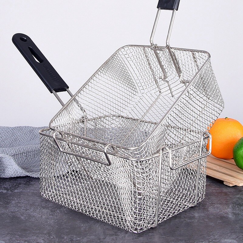 Rostfritt stål friterad korg rektangel trådnät sil med lång handtag stekning matlagning verktyg mat presentation porslin