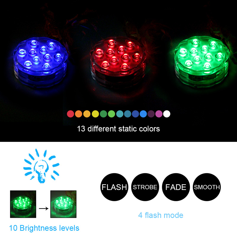 BORUiT 10 LED Remote Control RGB Submersible Light Battery Operated Waterproof Underwater Light Flower Vase Fish Tank Pool Light