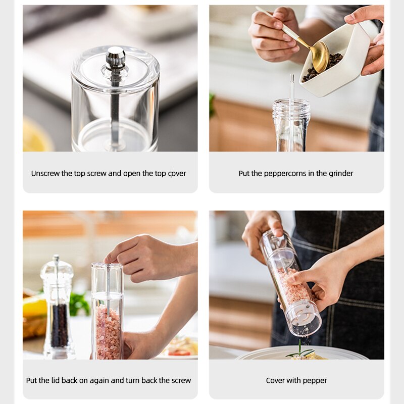 Acrylic Combo Pepper Mill and Salt Shaker with Adjustable Mill Grinder Set Handheld Coarseness Seasoning Mechanism BBQ Tools Set