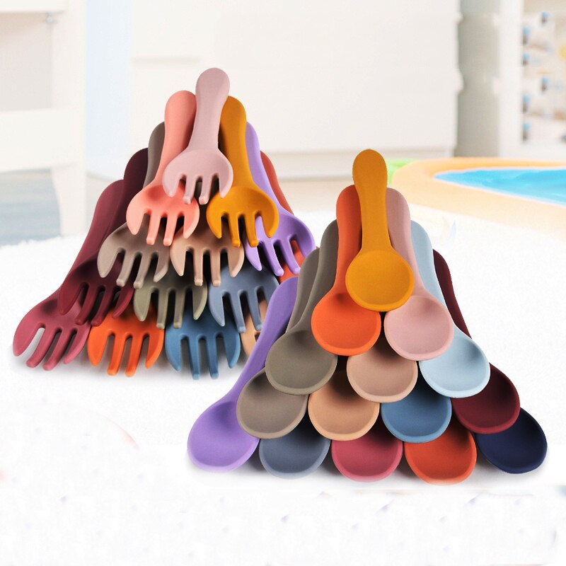 2 Pcs/Set Silicone Baby Learning Spoon Fork Set BPA Free Baby Silicone Tableware Non-Slip Kids Safety Utensils Baby Stuff