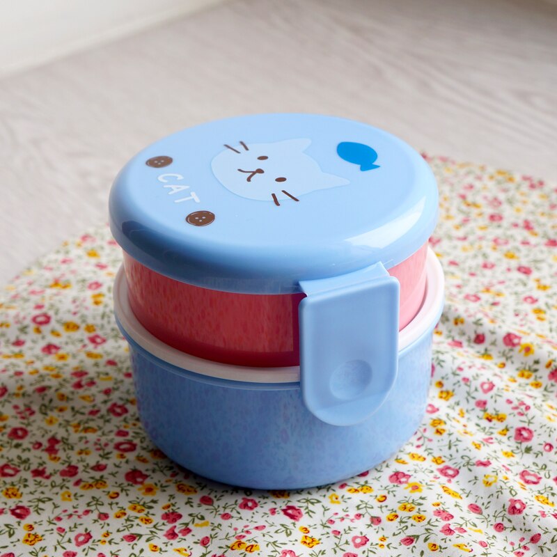 Cute Animal Lunch Box Japanese Double-layer Round Mini Bento Box Children&#39;s Fruit Box Snack Box Microwave Kids Lunch Box 540ml: Blauw