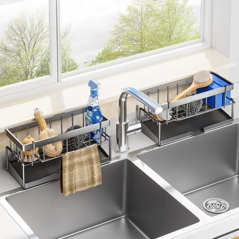 Kitchen Sink Drain Rack Organizer Carbon Steel Self-draining Sink Shelf Soap Sponge Holder Dishcloth Towel Rack Filter Basket