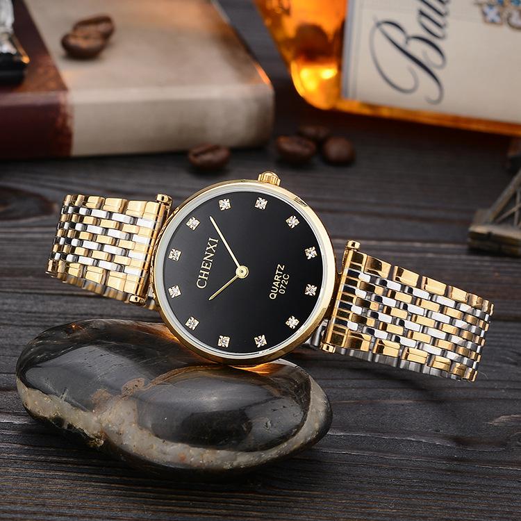 Chenxi Brand Casual Koppels Horloges Zakelijke Stijl Man Vrouw Goud Roestvrij Staal Waterdichte Quartz Charms Jurk: Black Small Size