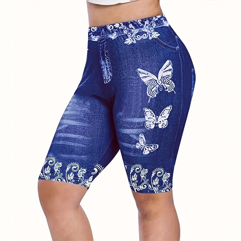 High Waist Women's Leggings Comfy Faux Denim Floral Geometric Patterns Y2K Style - Perfect for Yoga Casual Wear All Seas: L / Blue