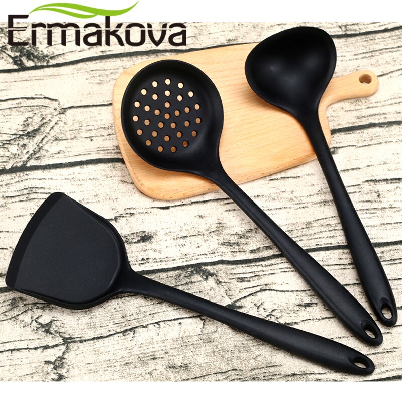 Ermakova 3 Stks/set Non-stick Siliconen Turner Spatel Skimmer Lepel Soep Lepel Hittebestendig Keuken Kookgerei (zwart)