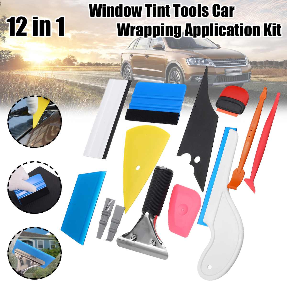 10/12/14Pcs Carbon Fiber Vinyl Wrap Auto Tool Kit Window Tint Gereedschap Car Wrapping Toepassing Kit auto Venster Zuigmond Schraper Tool: Goud