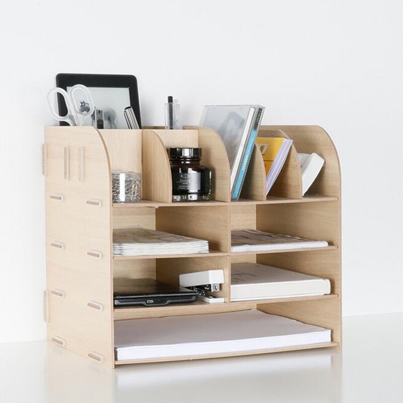 DIY Wood Hand Made Desk Organizer Office School Supplies Desk Accessories Organizer 13 Blocks File Tray Book Holder Storage Tray