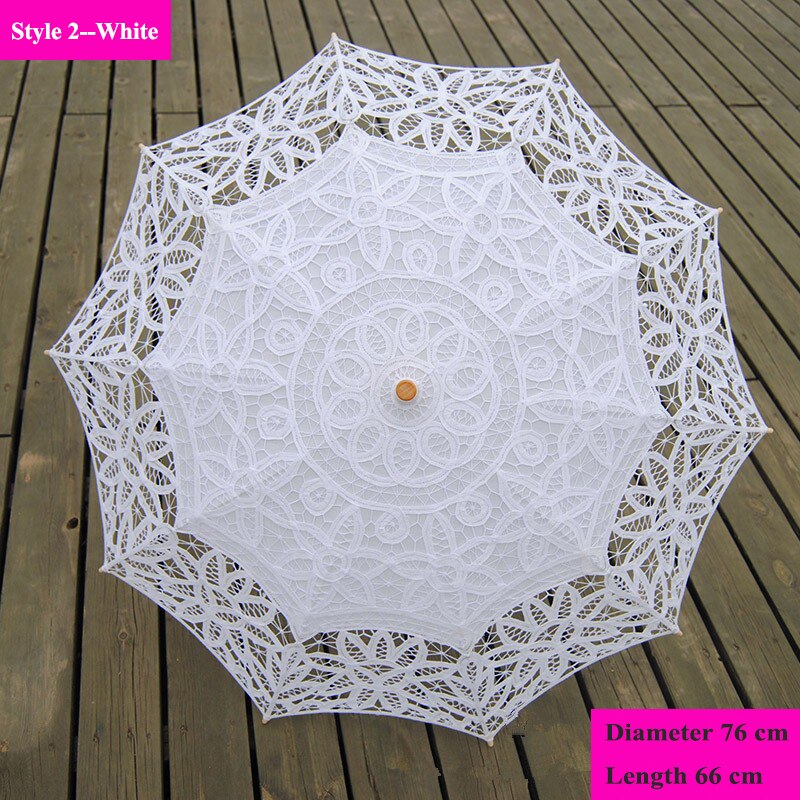 Handgemachte Stickerei Spitze Sonnenschirm Regenschirm Frauen Hochzeit Braut Foto Weiß Baumwolle Holz Griff Dekoration Regenschirm: Stil 2--Weiß