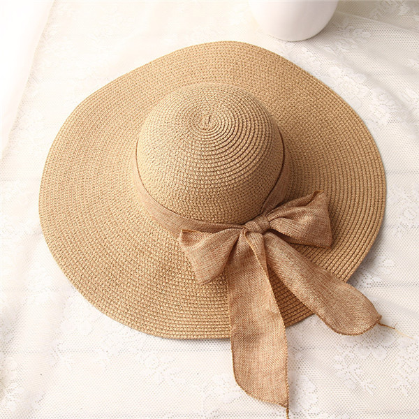 USPOP -chapeaux de soleil pour femmes, chapeau en paille, fait à la main, chapeau de plage à large bord, avec nœud papillon, ombre anti uv, été décontracté: Light Brown