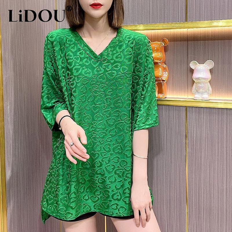 2023 Zomer Mode V-Hals Jacquard Geweven T-Shirts Met Korte Mouwen Dames Losse Casual Doorlatende Halflange Pullovers