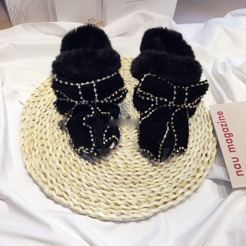Winter Kids Boog Snowboots Baby Meisjes Strass Enkellaars Kinderen Warm Prinses Schoenen Peuter Laarzen Bont Zwarte Laarzen