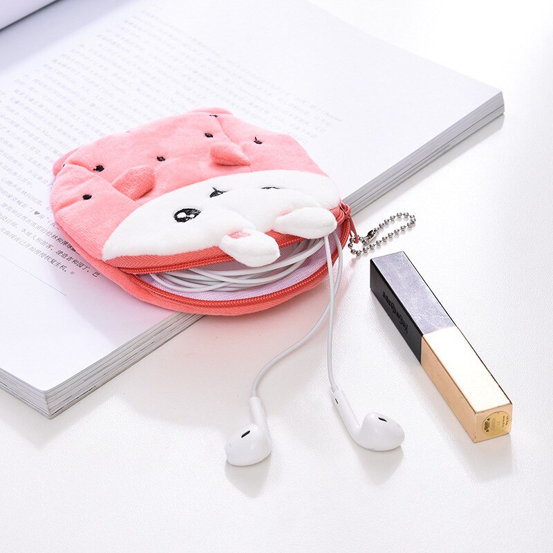 Soft Plush Cartoon Rabbit Bear Women Coin Purse Mini Cute Oval Zipper Children Girl Coin Wallet USB Cable Headset Bag