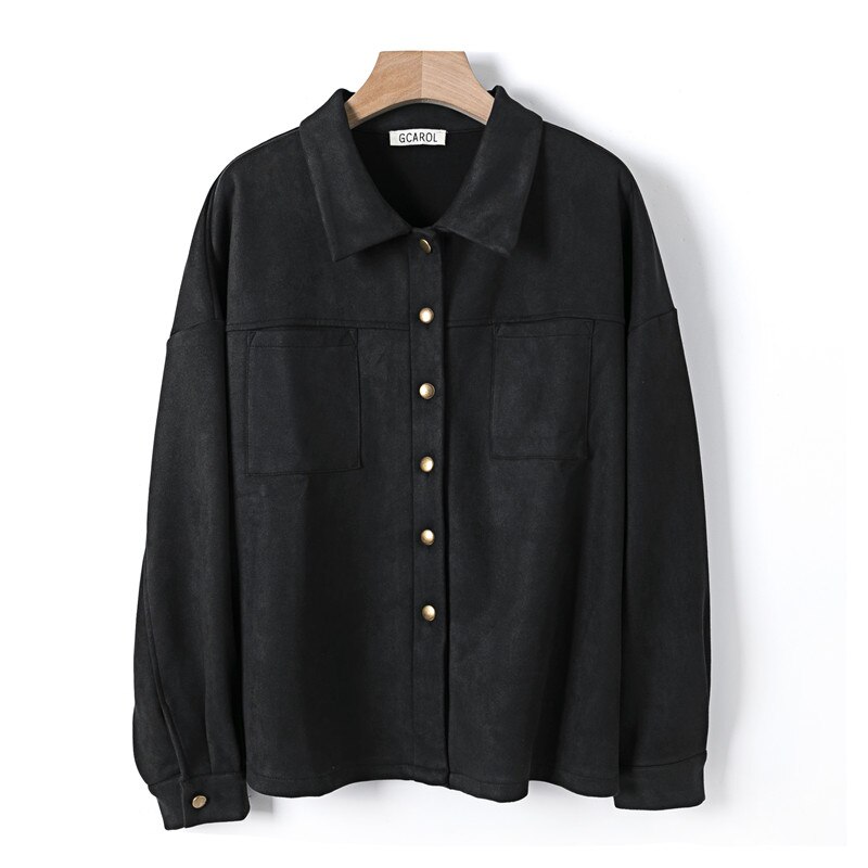 GCAROL-Chaqueta de terciopelo con cuello vuelto para mujer, abrigo grueso de un solo pecho con hombro caído, oversize, para otoño e invierno,: Black Grey