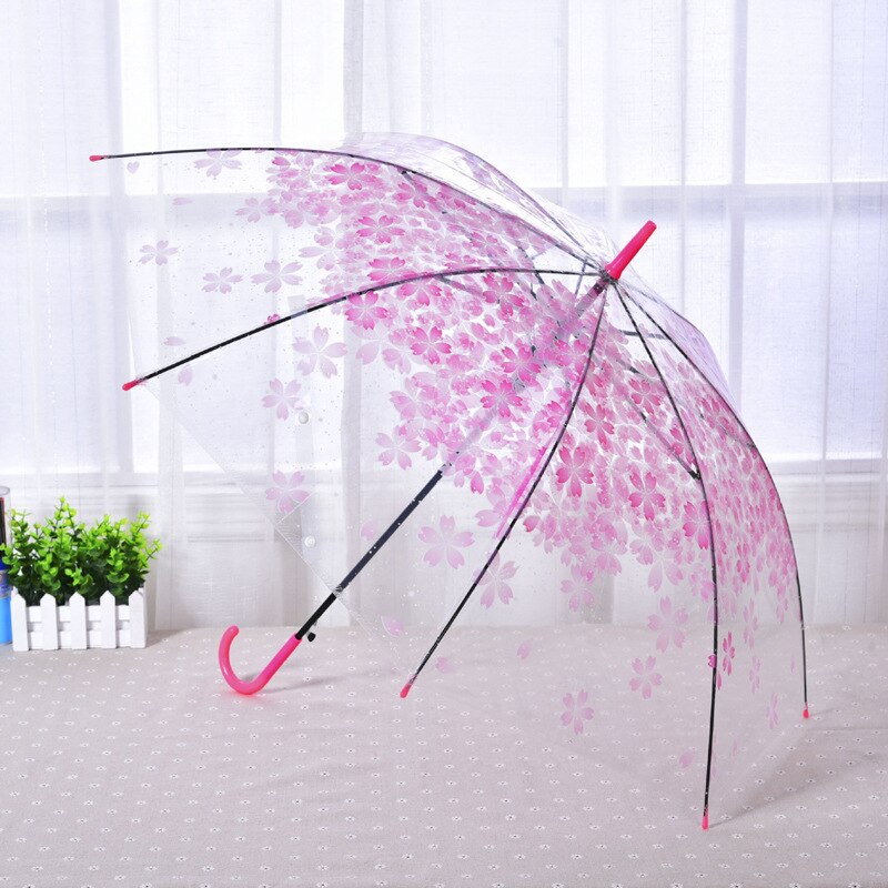 Sakura-paraguas transparente de PVC para lluvia, sombrilla de , boda, mango largo, palo recto: Rosa