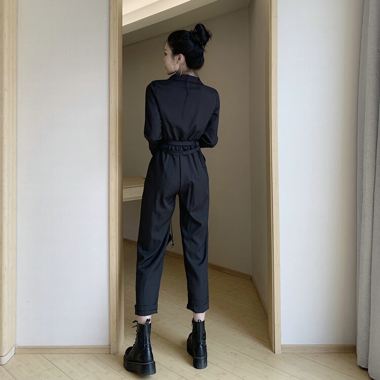 Dame jumpsuit romper langærmet safari stil sort vinter efterår jumpsuit kvindelige streetwear overalls med bælte  wj50